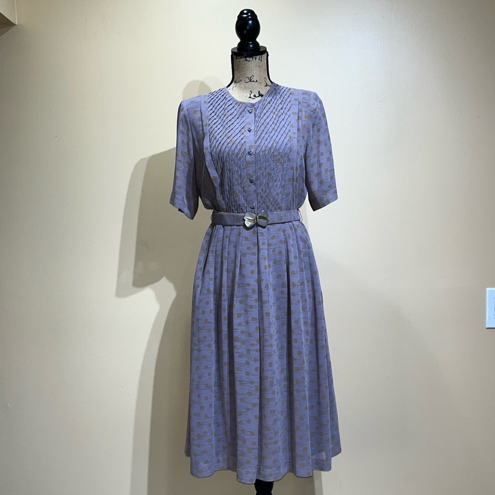 Vintage Pleated Polka Dot Midi Dress